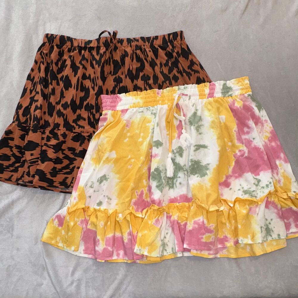 Shein Curve Skirt Bundle Animal Print / Tie Dye Ruffle Hem Elastic Waist Sz 3X